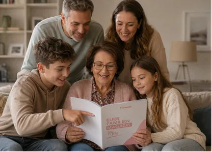 Familie sitzt gemeinsam auf dem Sofa und blättert durch das Famories Familienmagazin