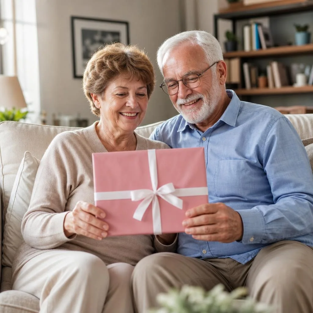 Zwei Großeltern auf dem Sofa halten ein persönliches Geschenk in rosa Geschenkpapier mit weißer Schleife