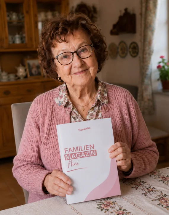 Oma hält das Familienmagazin von Famories in den Händen