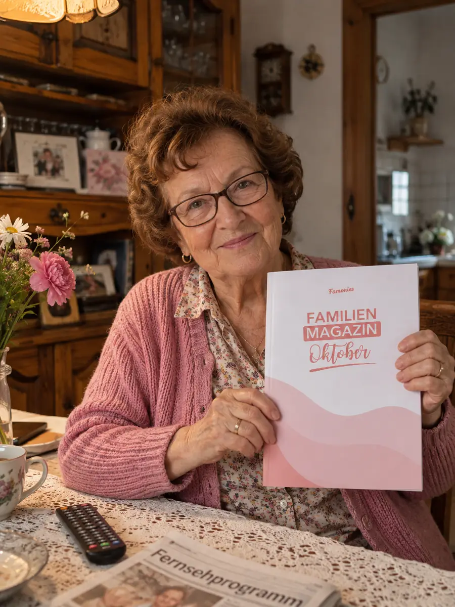 Oma zeigt ihr gedrucktes Famories Familienmagazin