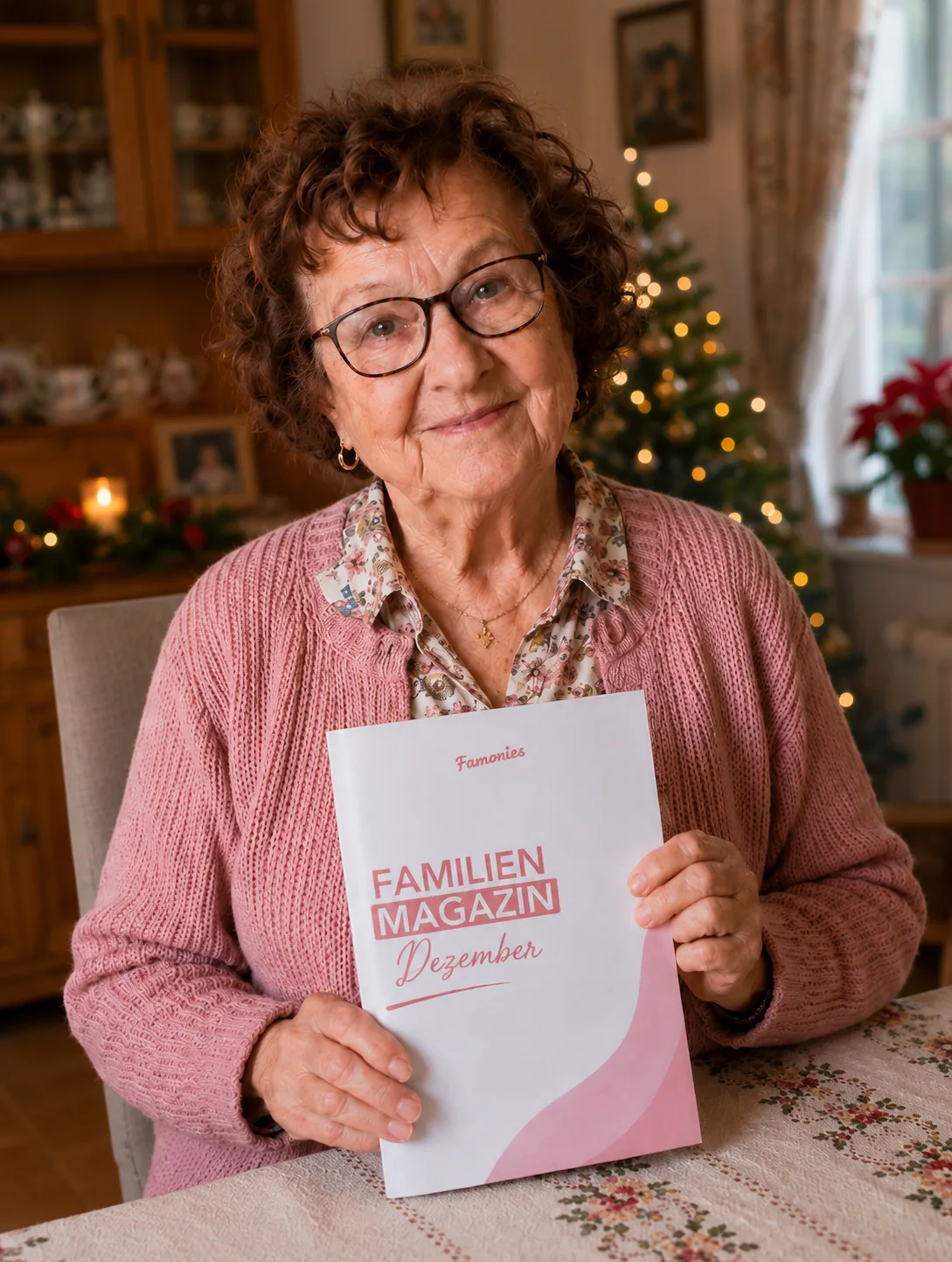 Oma hält das Famories Familienmagazin als Weihnachtsgeschenk